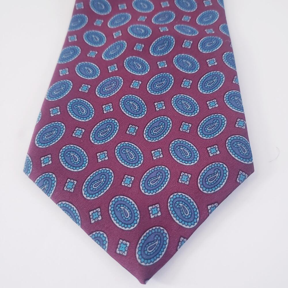 Italian Brand Silk Vintage Hand Made Burgundy with Blue Geometric design #9R